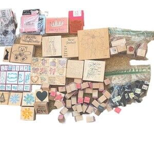 Lot of 125+ Assorted Wood Mounted Rubber Stamps Sets and Individual New And Used